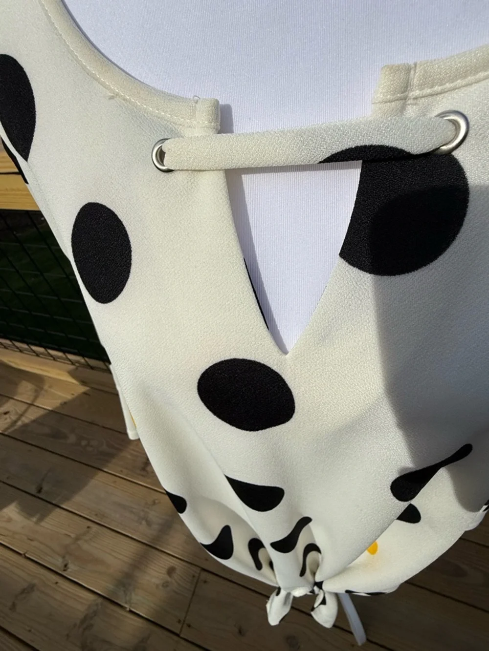 Ivory Polka Dot Tie-Front Blouse with Black & Yellow Dots - Picture 4 of 5